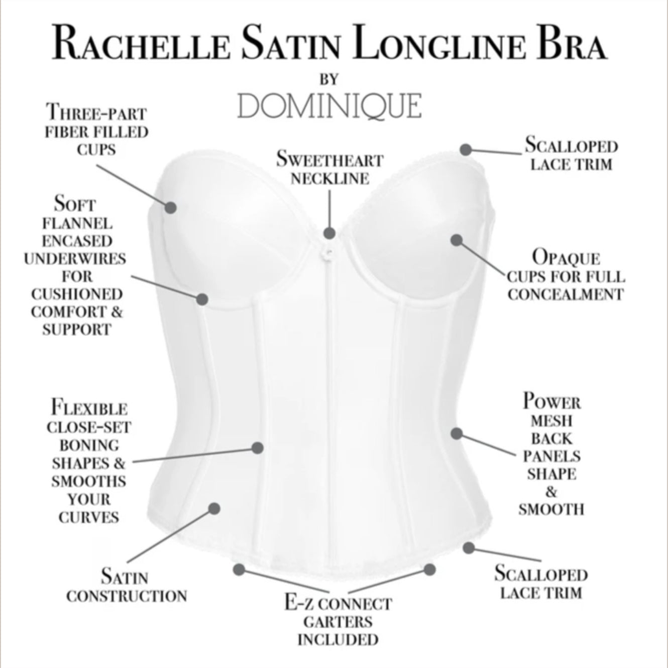 Diagram of the Rachelle Satin Longline Bra by Dominique with labeled features.