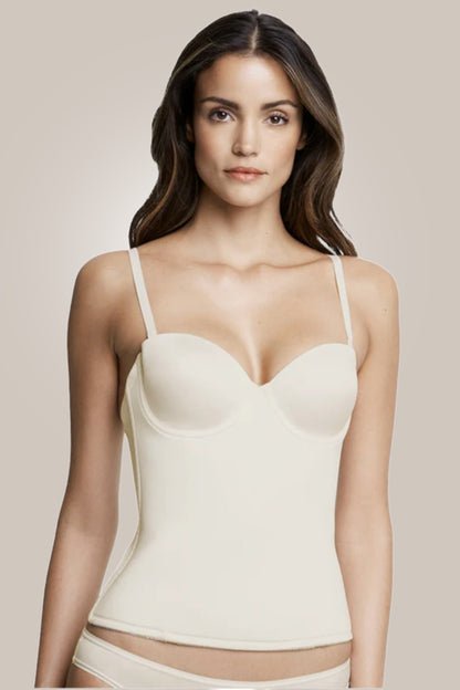 Woman with seamless padded longline bra with straps - front