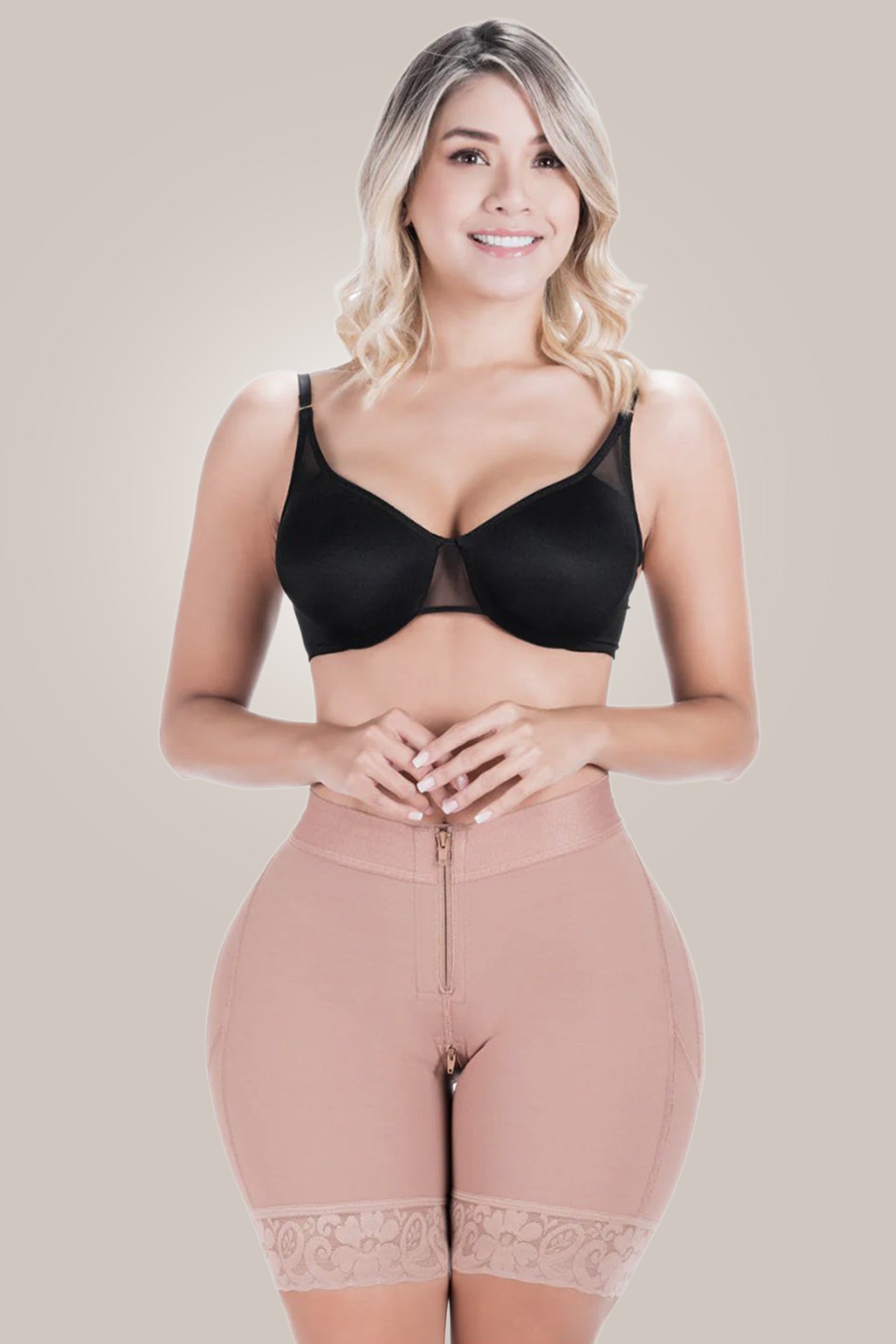 Woman wearing butt shaping shorts - front