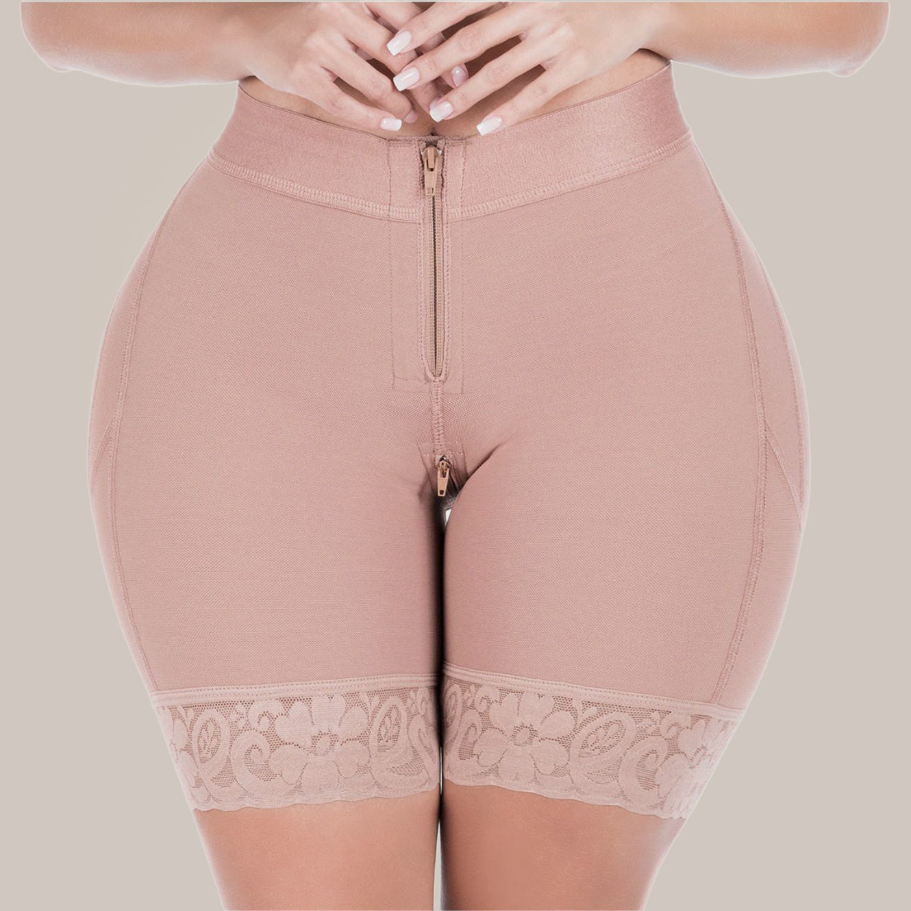 woman wearing butt shaping shorts - front close up